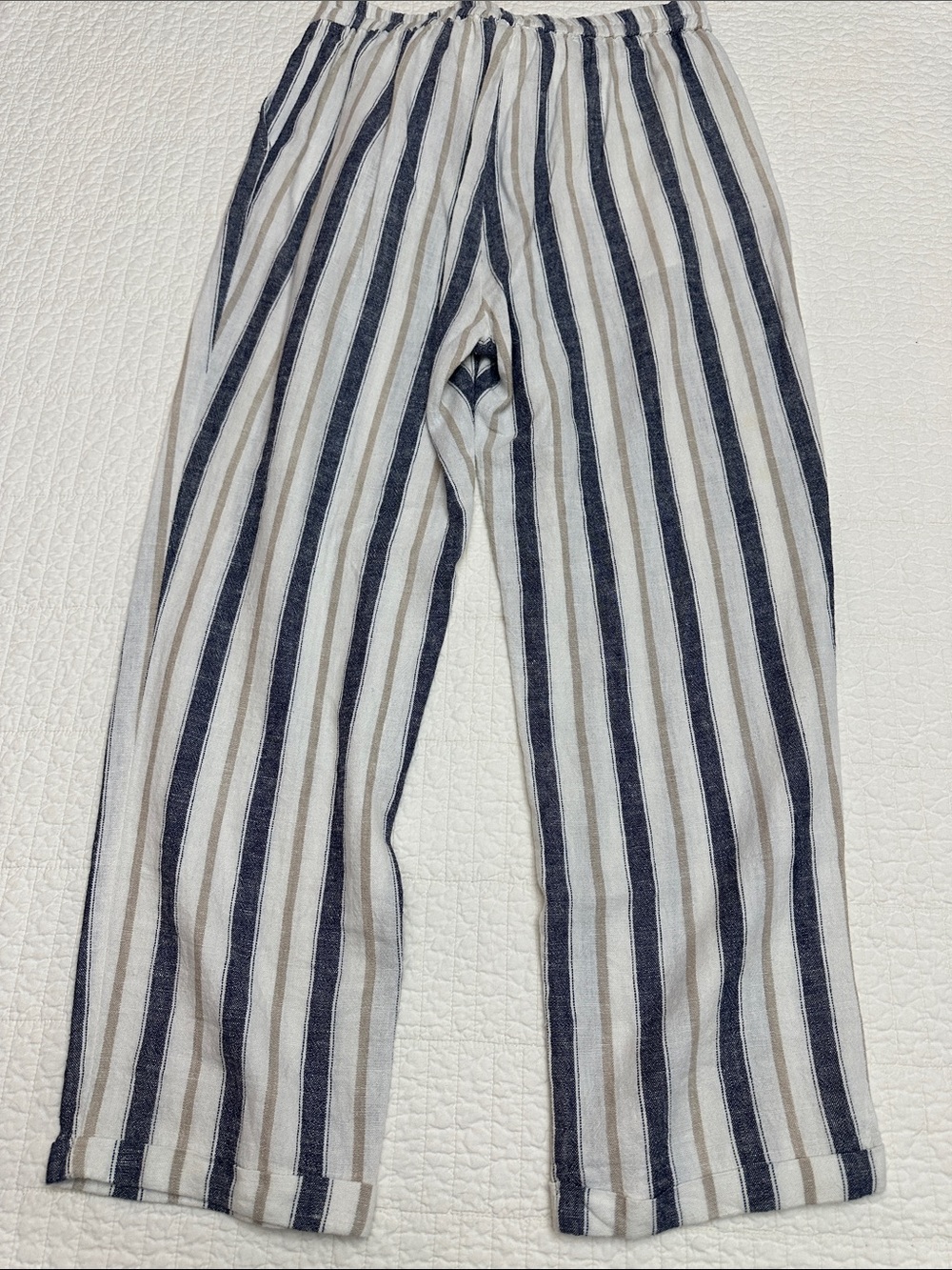 Love Tree Medium Linen Blend Stripe Cropped 25” Pants Tie Waist White Blue - Picture 4 of 4